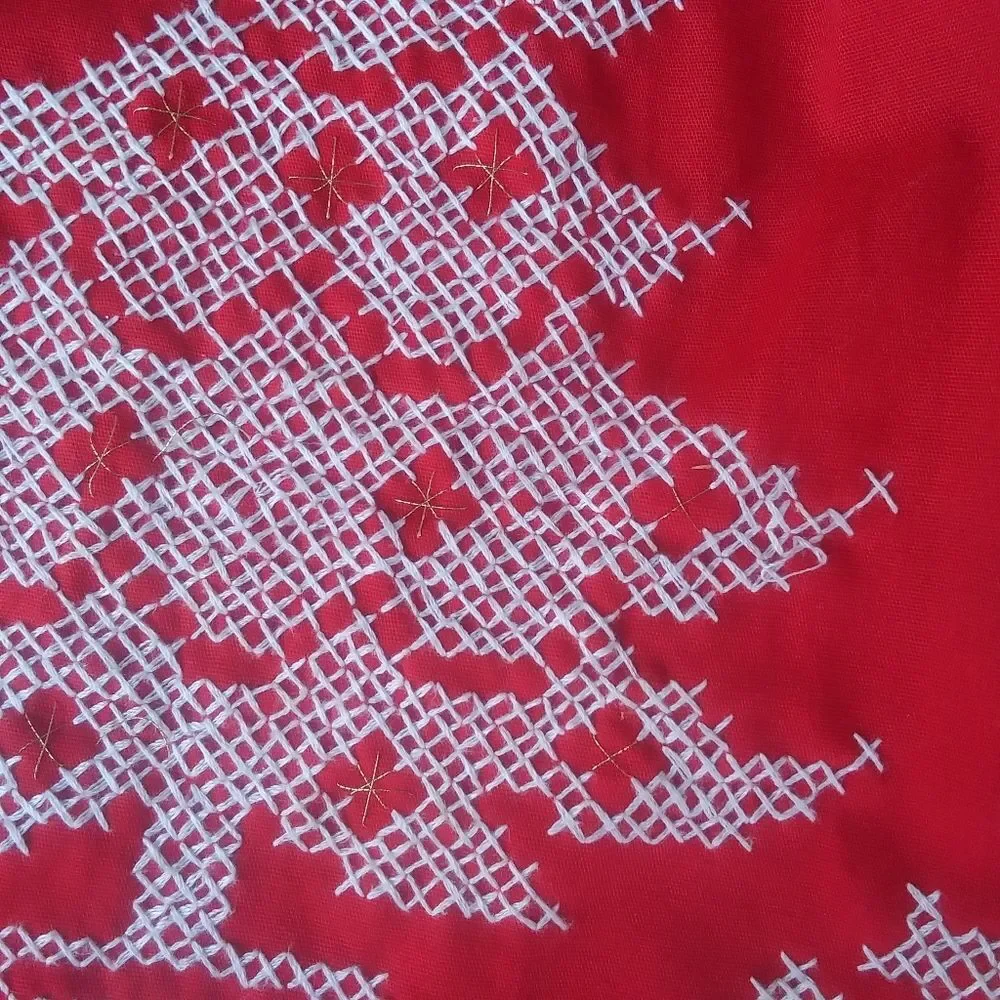 Vintage Bucilla Christmas Apron, Cross-Stitch Christmas Tree, Red & White